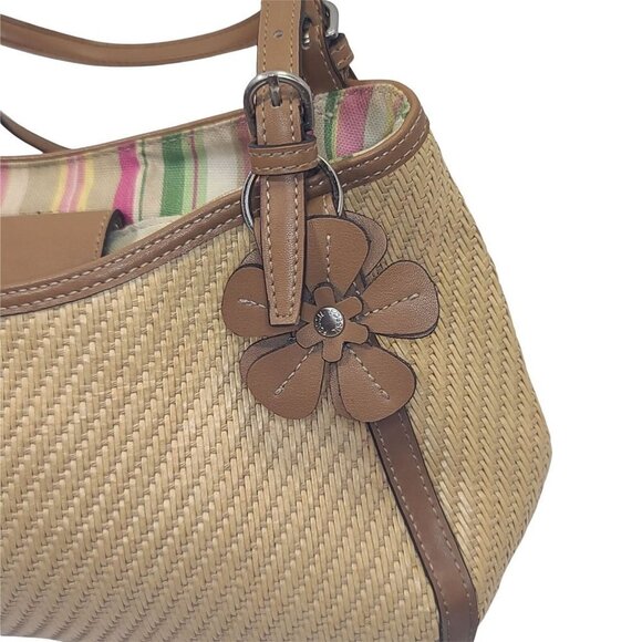 Fossil Woven Tan Shoulder Bag Leather Accents Striped Interior - Picture 2 of 11